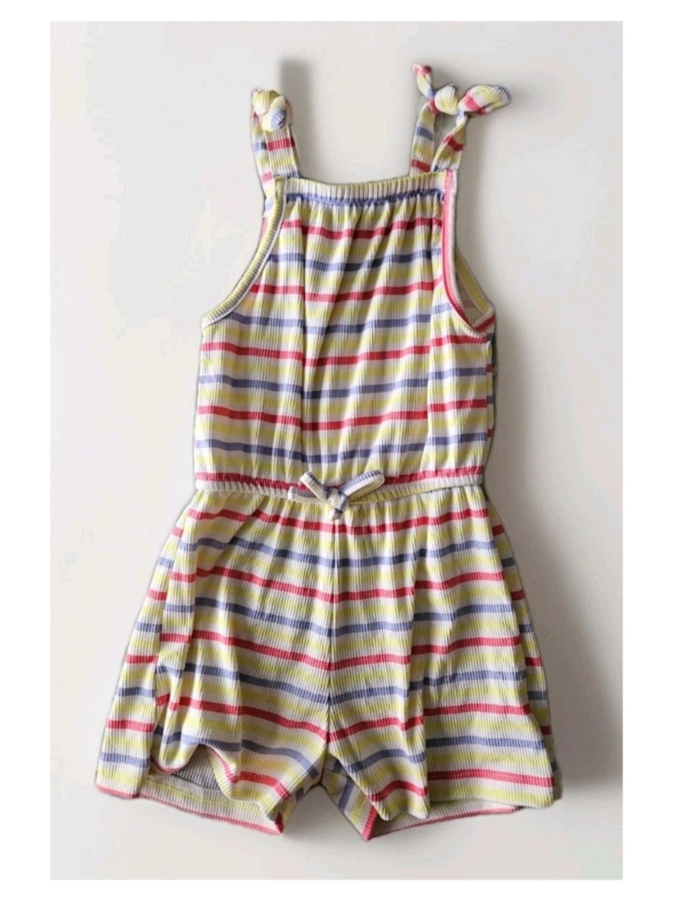 Girls' Striped Knot-Shoulder Romper in Yellow Mix